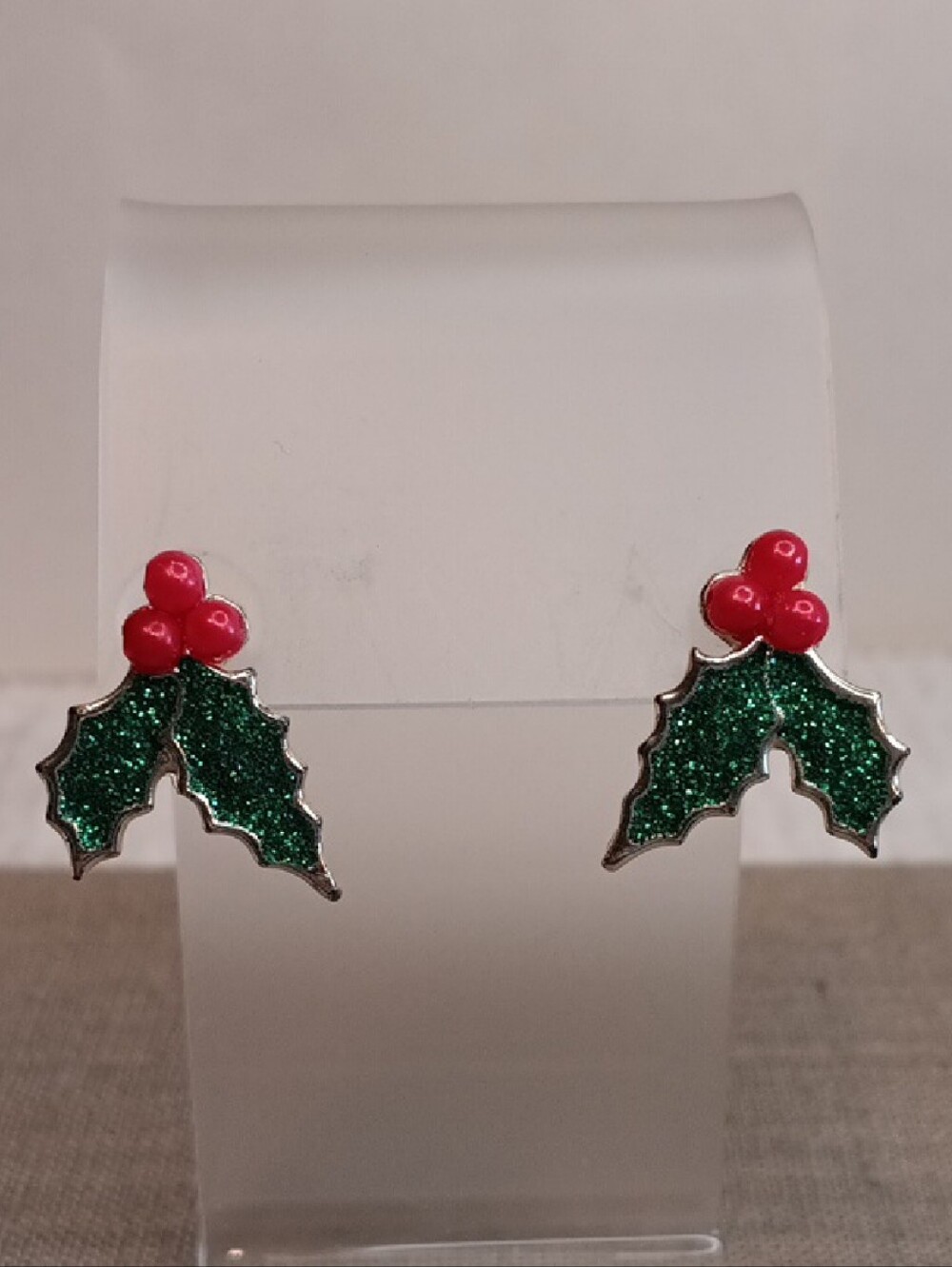 Holiday Holly Stud Pierced Earrings - Green and Red Sparkle